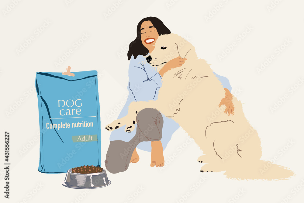 Domestic dog sitting next to owner and full dry food bowl and bag package. Pet meal advertisement te