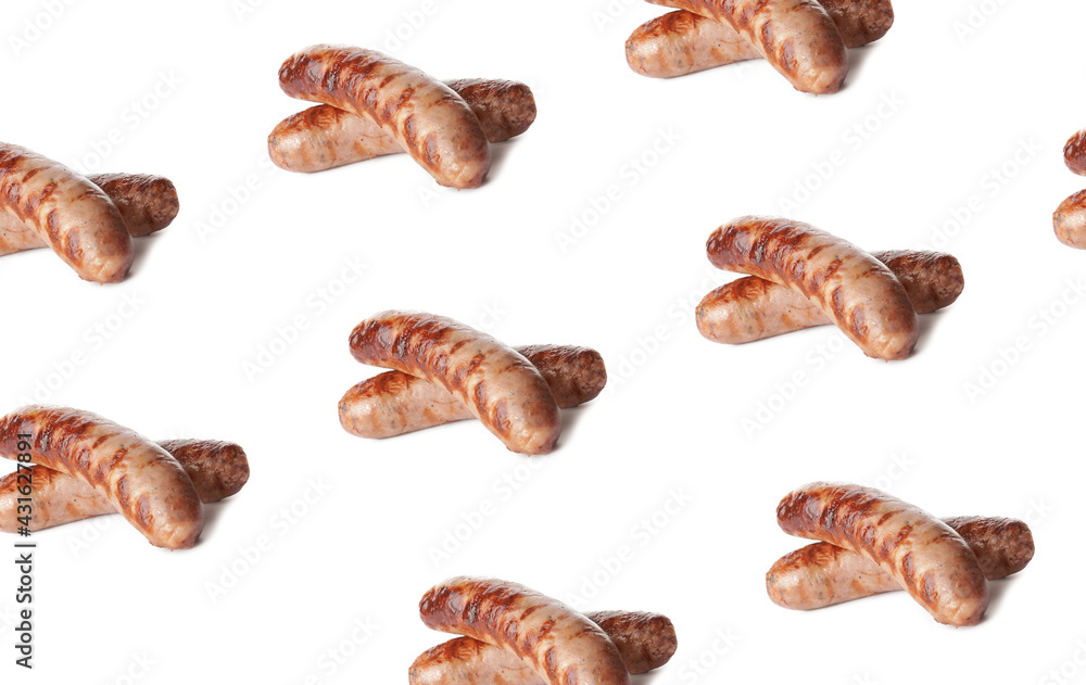 Delicious grilled sausages on white background