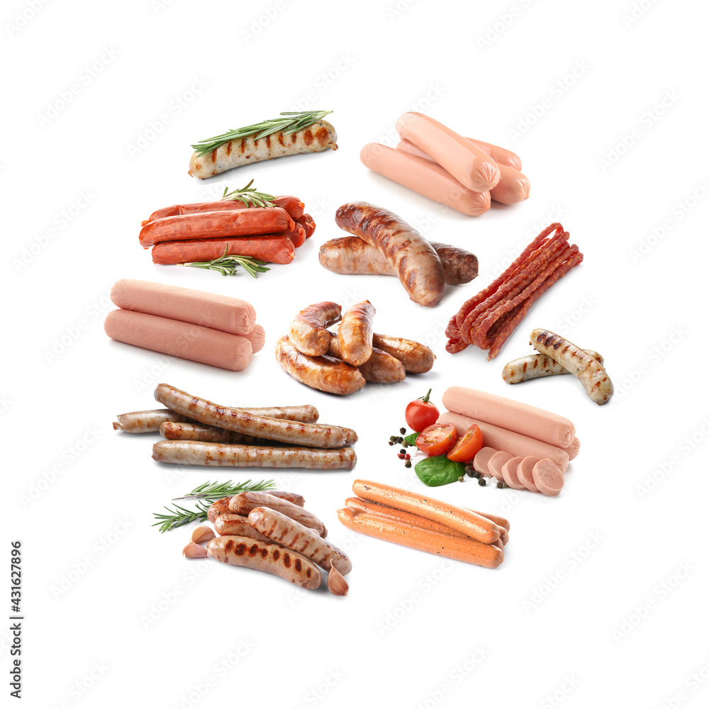 Delicious sausages on white background