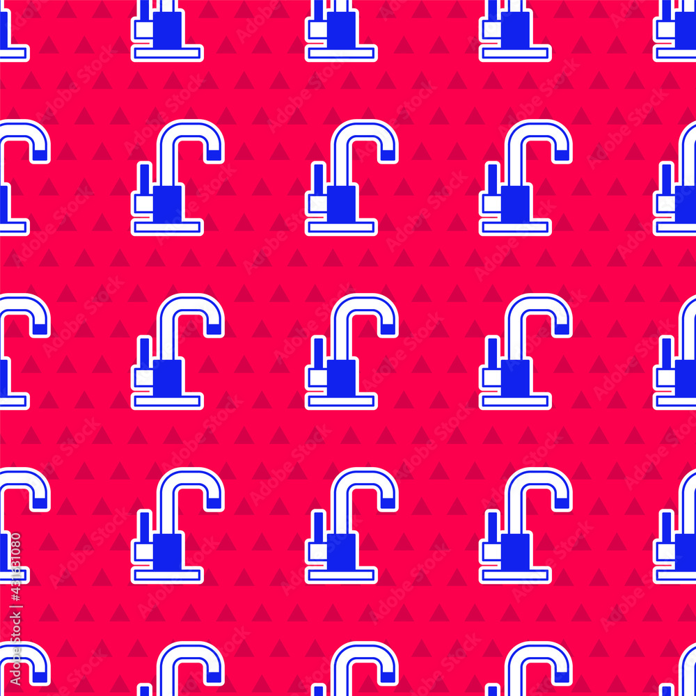 Blue Water tap icon isolated seamless pattern on red background. Vector