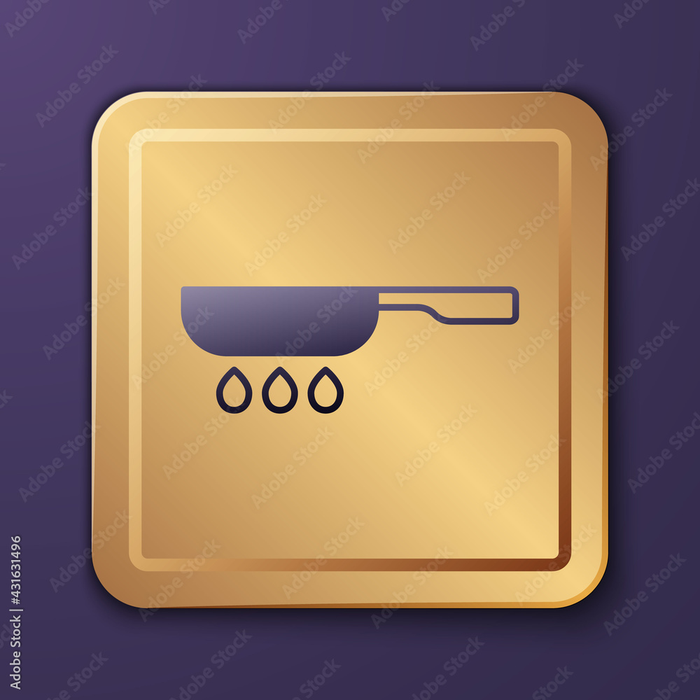 Purple Frying pan icon isolated on purple background. Fry or roast food symbol. Gold square button. 