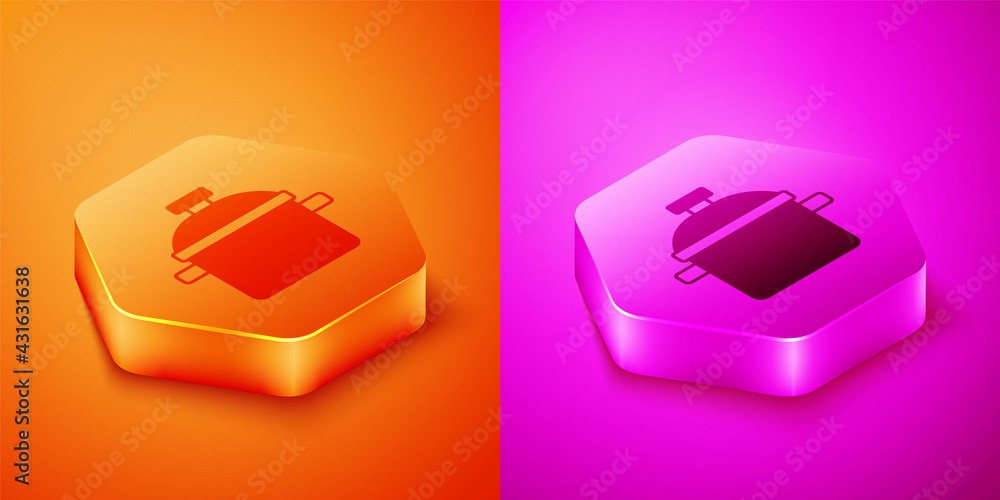 Isometric Cooking pot icon isolated on orange and pink background. Boil or stew food symbol. Hexagon