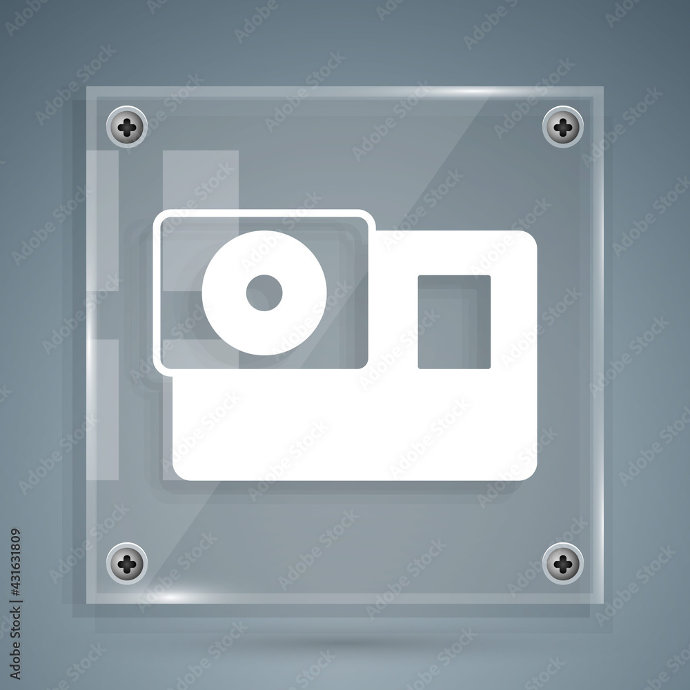 White Action extreme camera icon isolated on grey background. Video camera equipment for filming ext