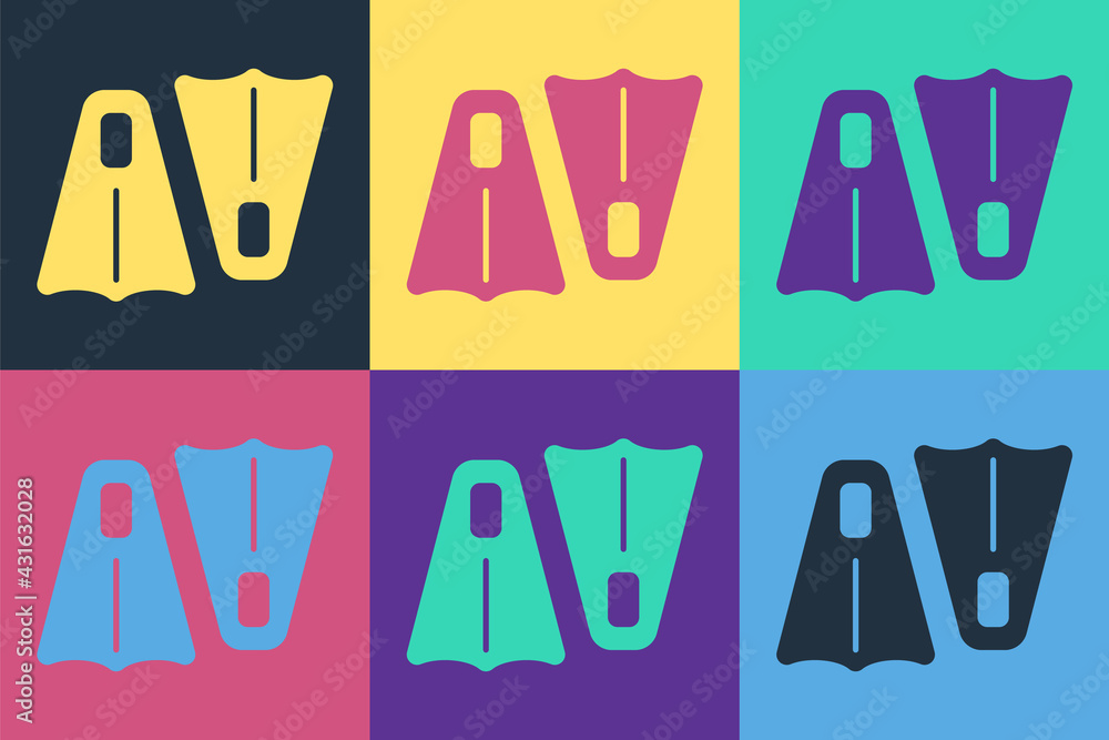 Pop art Rubber flippers for swimming icon isolated on color background. Diving equipment. Extreme sp