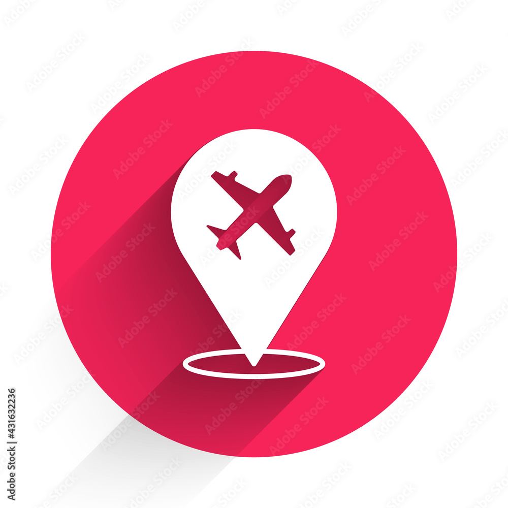 White Plane icon isolated with long shadow. Flying airplane icon. Airliner sign. Red circle button. 