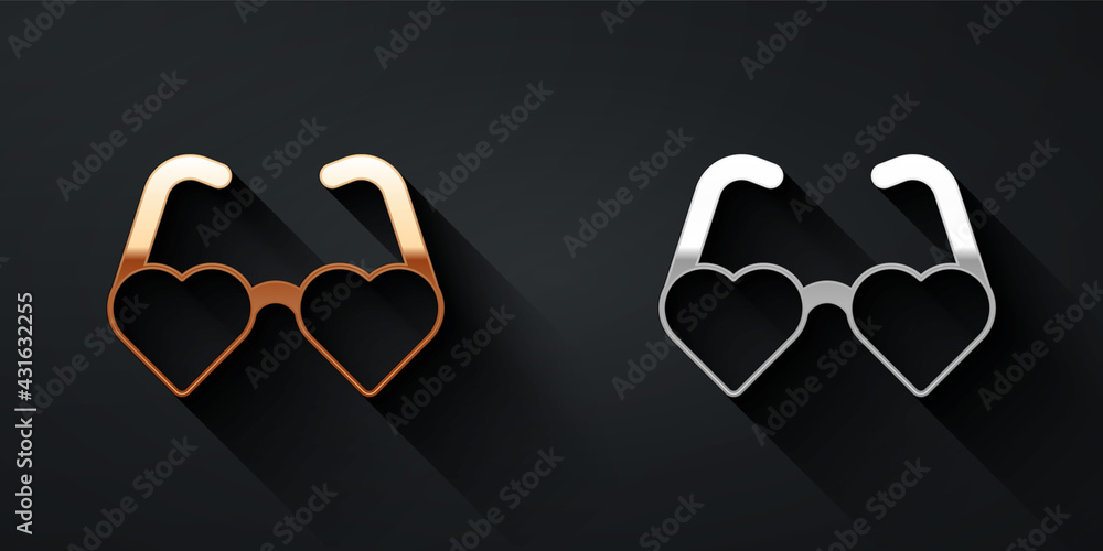 Gold and silver Heart shaped love glasses icon isolated on black background. Suitable for Valentine 