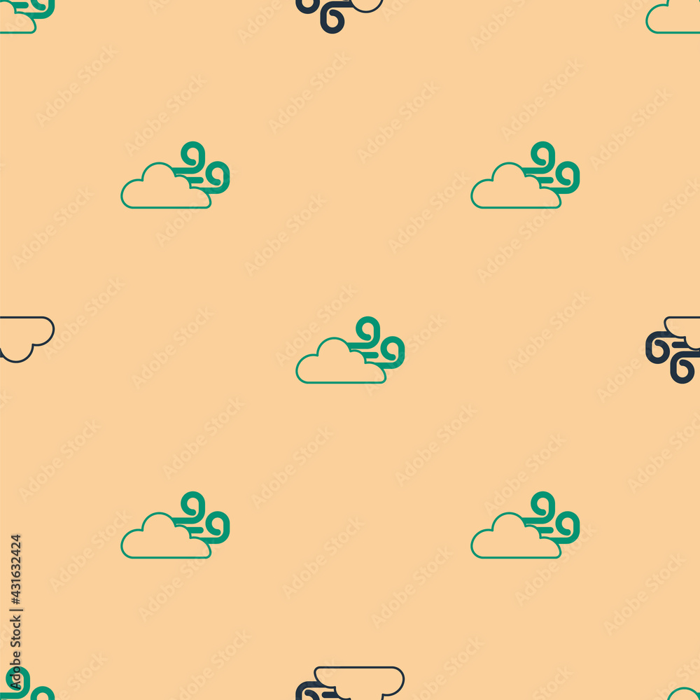 Green and black Windy weather icon isolated seamless pattern on beige background. Cloud and wind. Ve