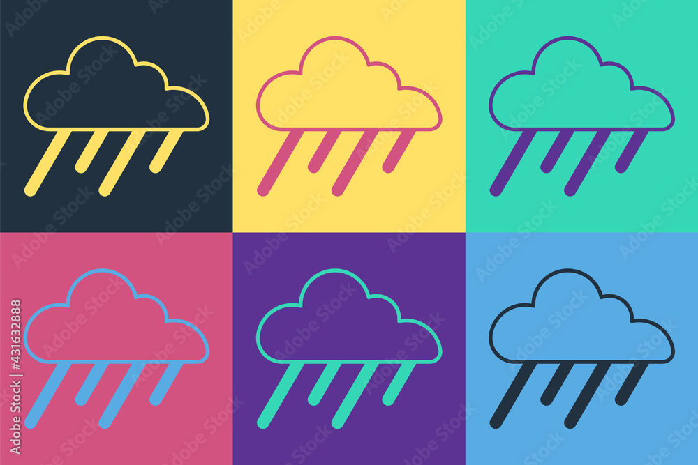 Pop art Cloud with rain icon isolated on color background. Rain cloud precipitation with rain drops.