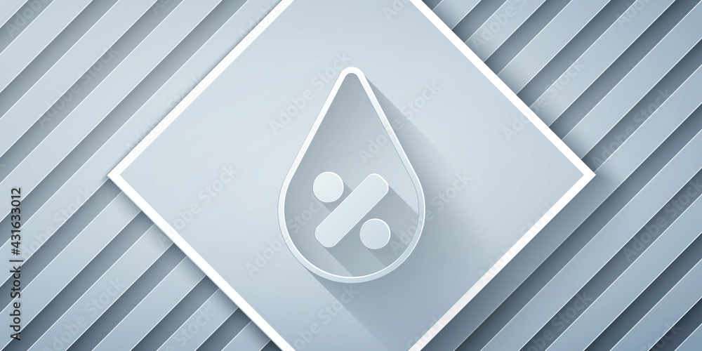 Paper cut Water drop percentage icon isolated on grey background. Humidity analysis. Paper art style