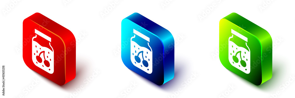 Isometric Jam jar icon isolated on white background. Red, blue and green square button. Vector