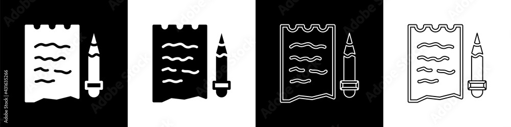 Set Shopping list and pencil icon isolated on black and white background. Vector