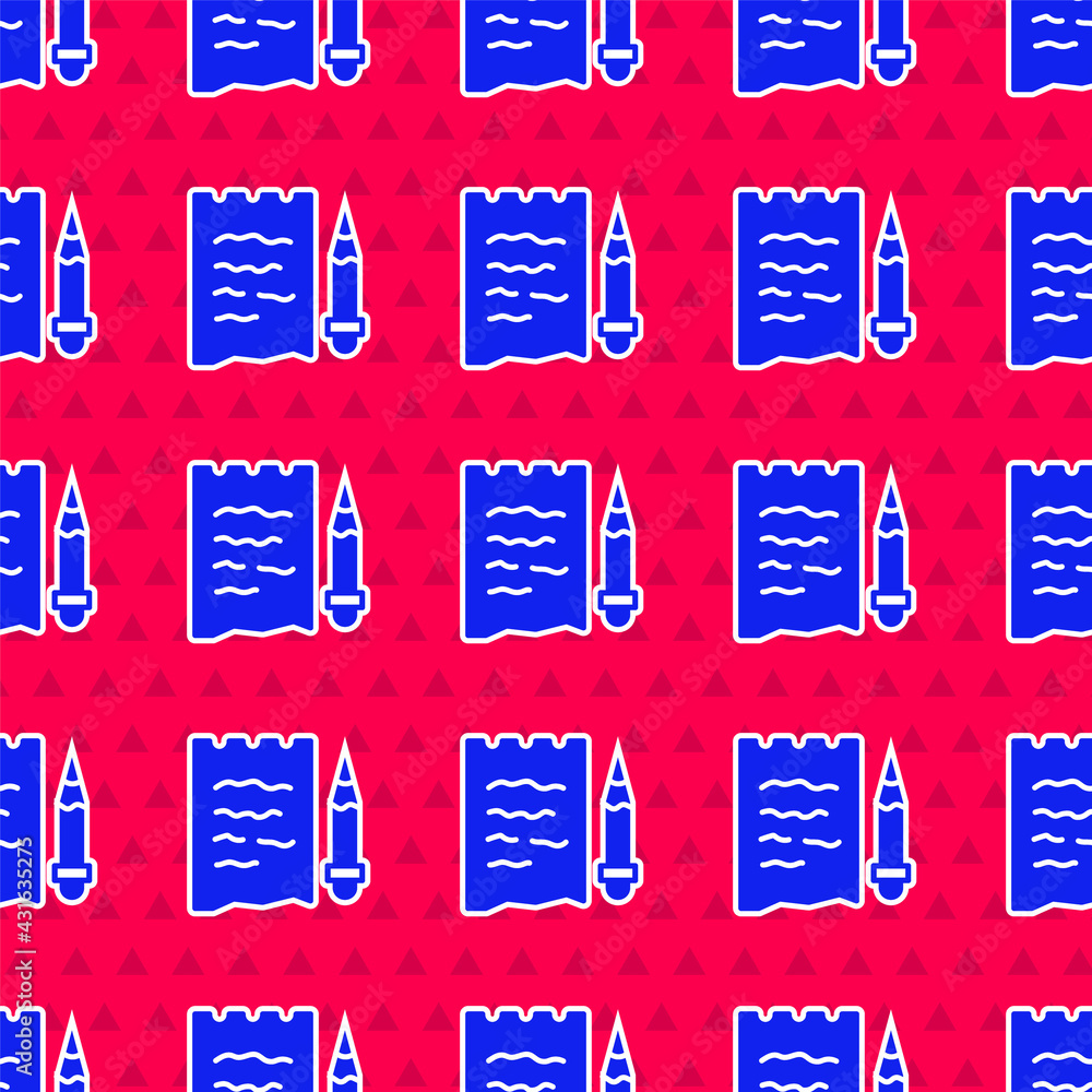 Blue Shopping list and pencil icon isolated seamless pattern on red background. Vector