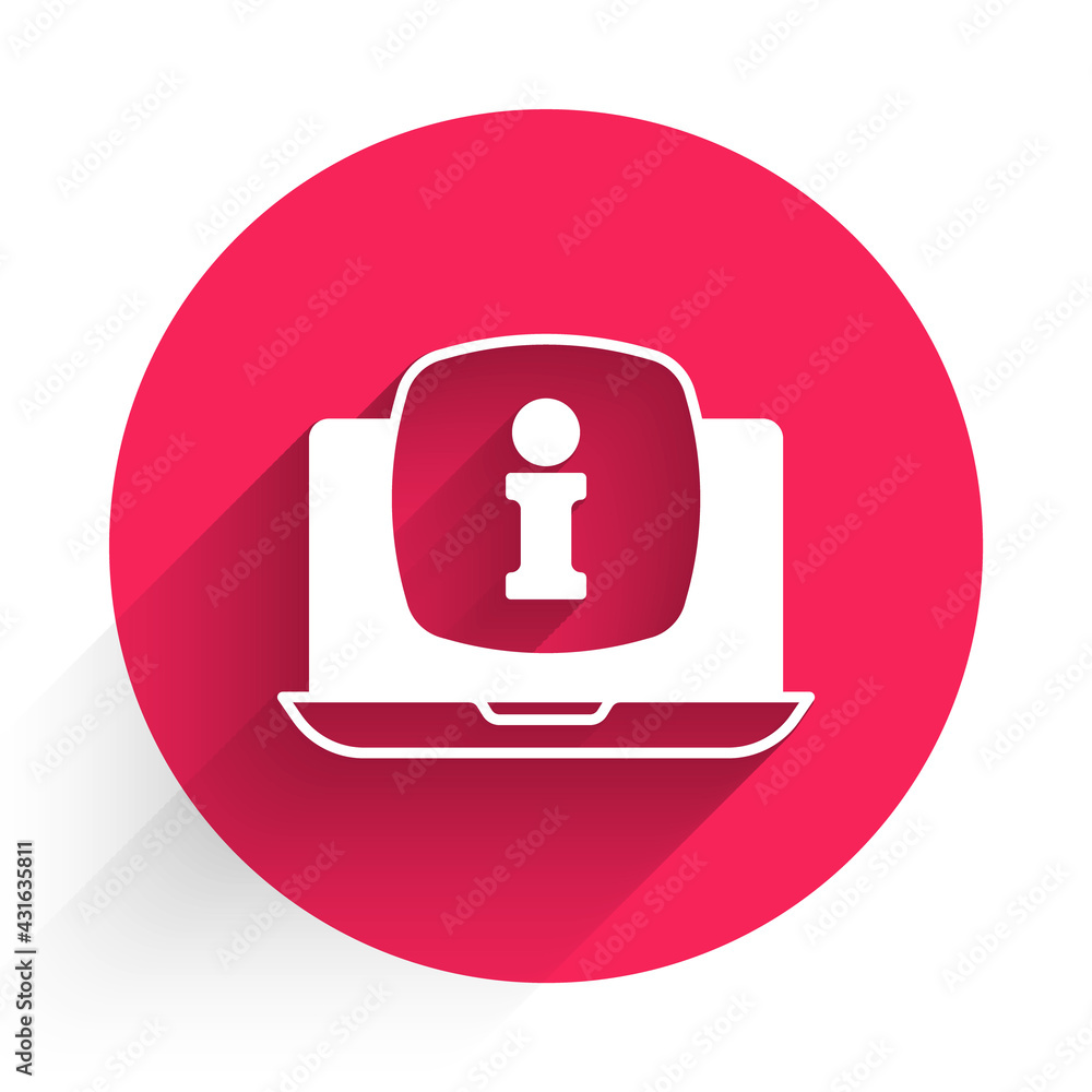 White Laptop with information icon isolated with long shadow. Red circle button. Vector