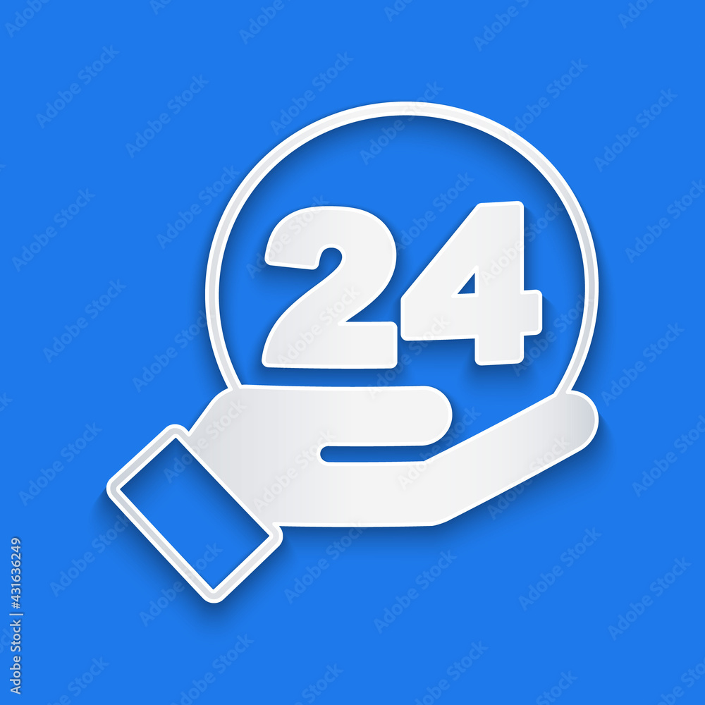 Paper cut Telephone 24 hours support icon isolated on blue background. All-day customer support call