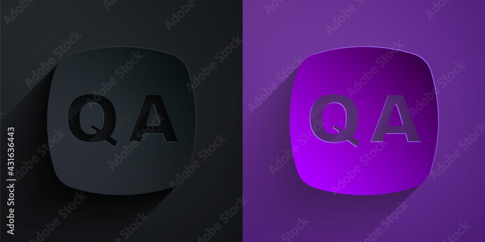 Paper cut Speech bubbles with Question and Answer icon isolated on black on purple background. Q and