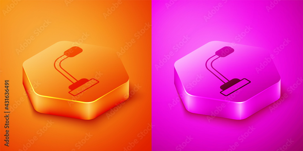 Isometric Microphone icon isolated on orange and pink background. On air radio mic microphone. Speak