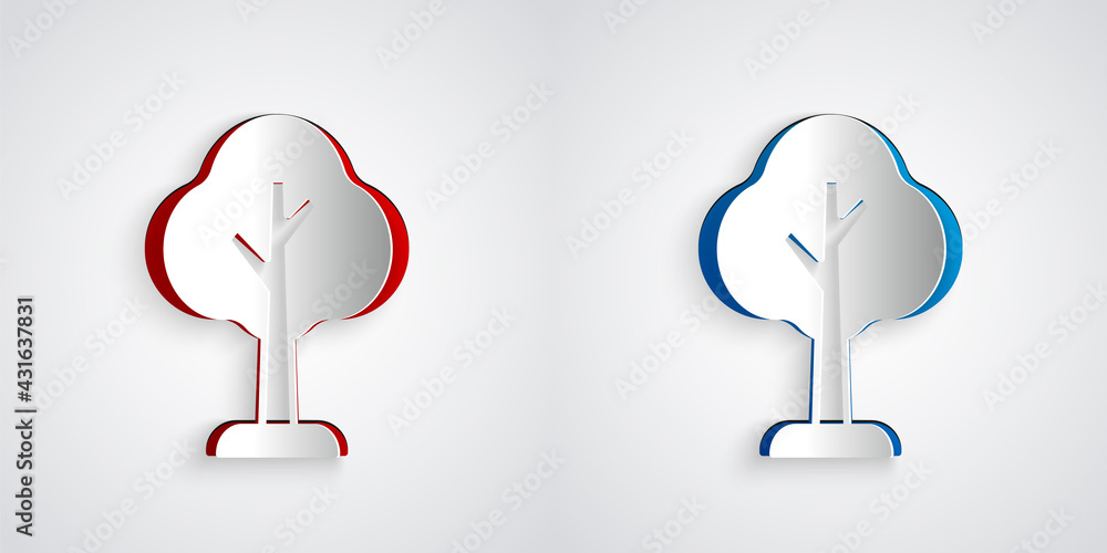 Paper cut Tree icon isolated on grey background. Forest symbol. Paper art style. Vector