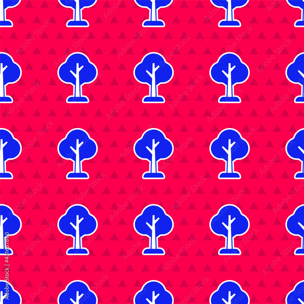 Blue Tree icon isolated seamless pattern on red background. Forest symbol. Vector