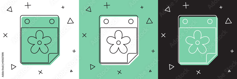 Set Calendar with flower icon isolated on white and green, black background. Vector