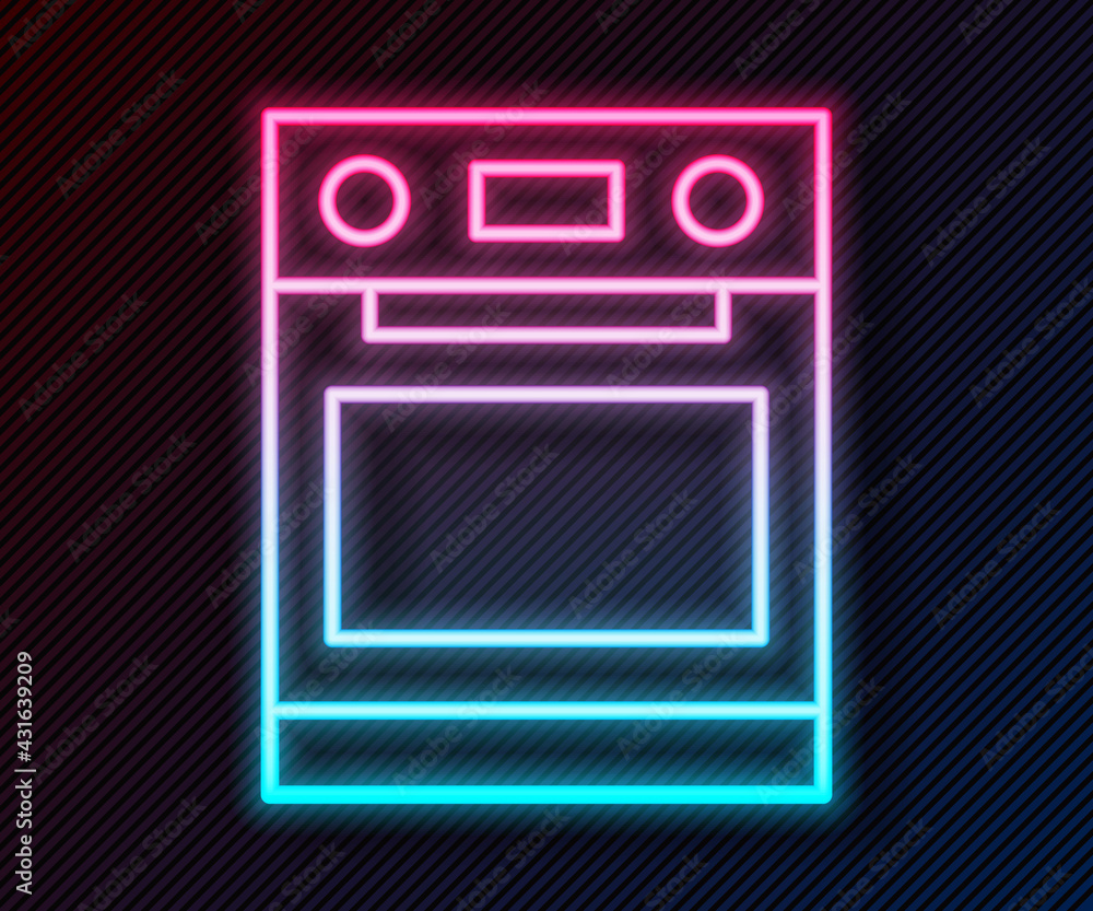 Glowing neon line Oven icon isolated on black background. Stove gas oven sign. Vector