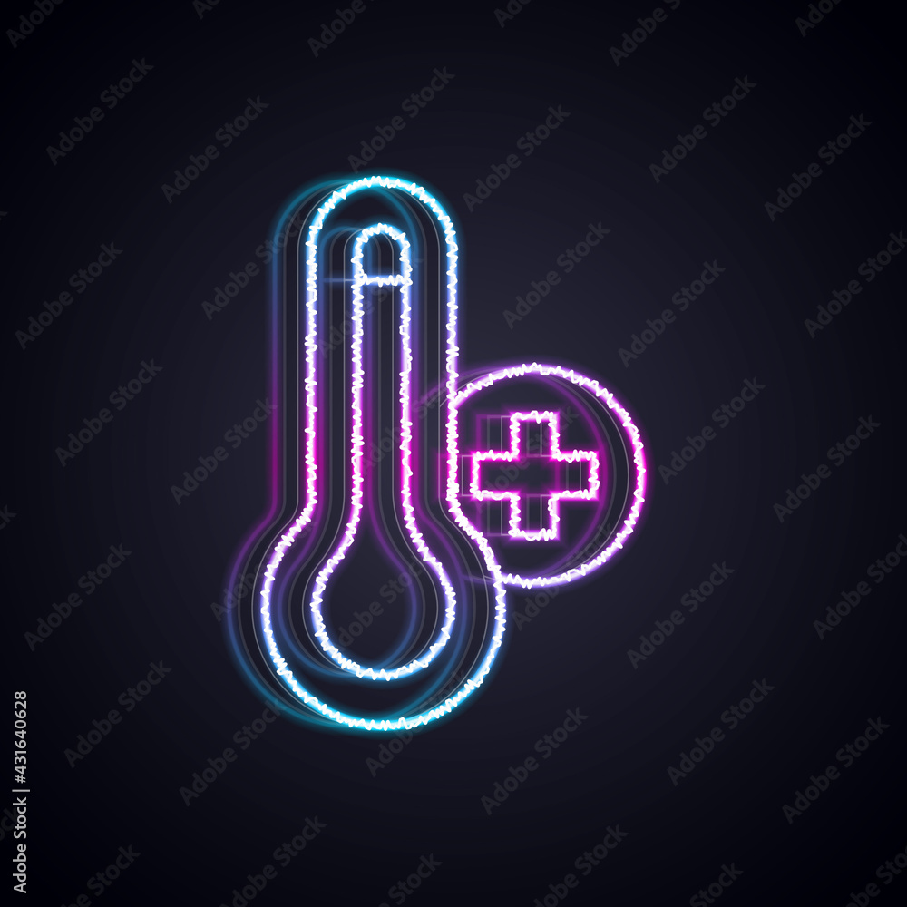 Glowing neon line Meteorology thermometer measuring heat and cold icon isolated on black background.