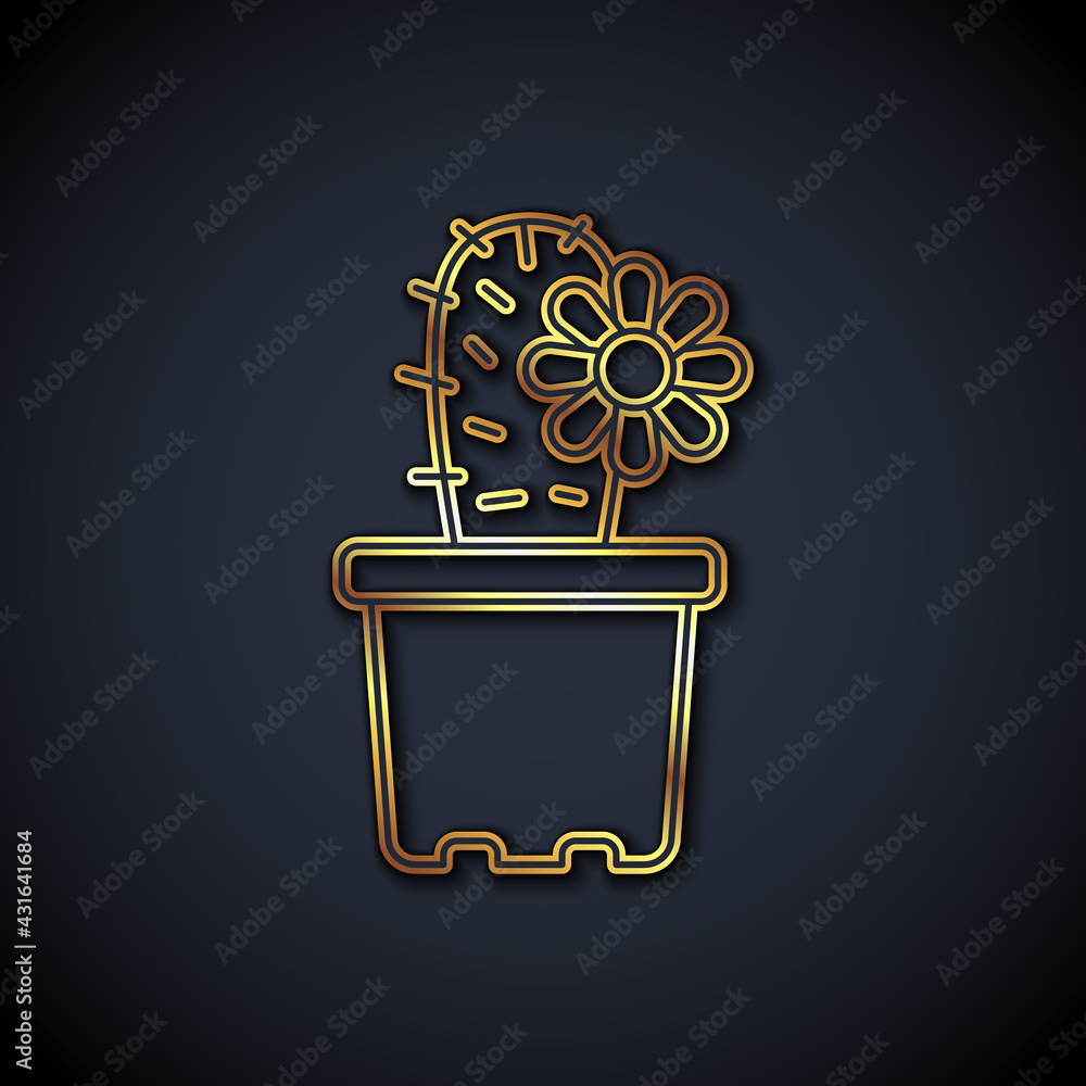 Gold line Cactus peyote in pot icon isolated on black background. Plant growing in a pot. Potted pla