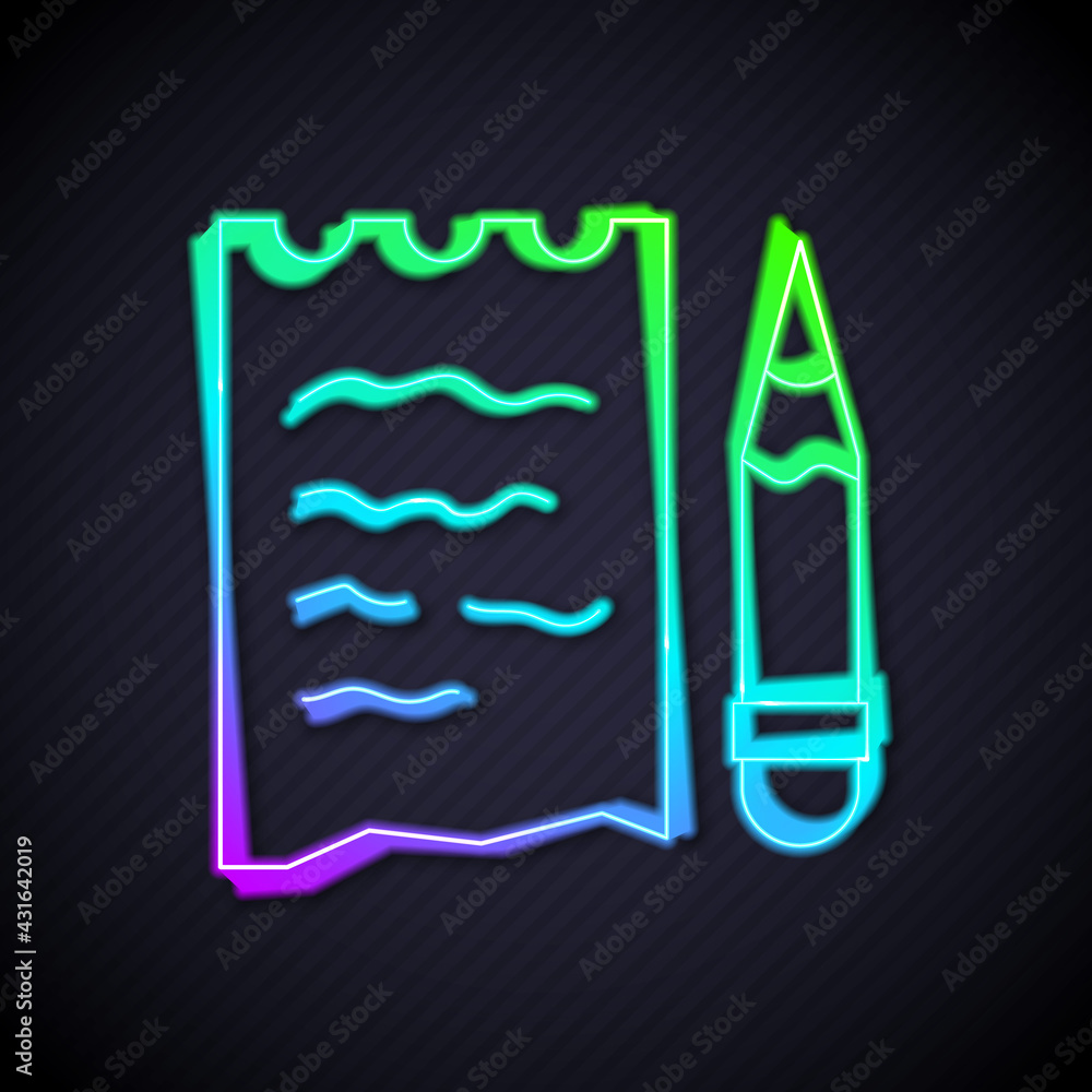 Glowing neon line Shopping list and pencil icon isolated on black background. Vector