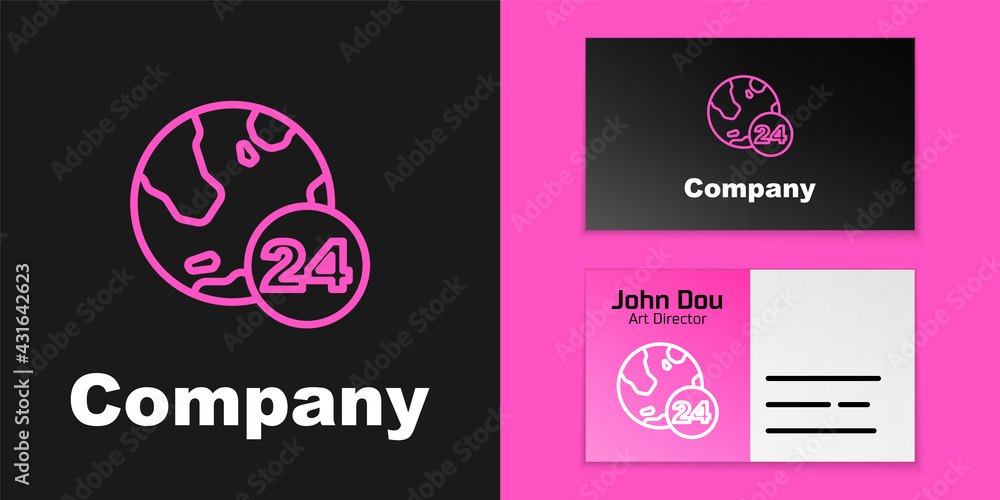 Pink line Telephone 24 hours support icon isolated on black background. All-day customer support cal