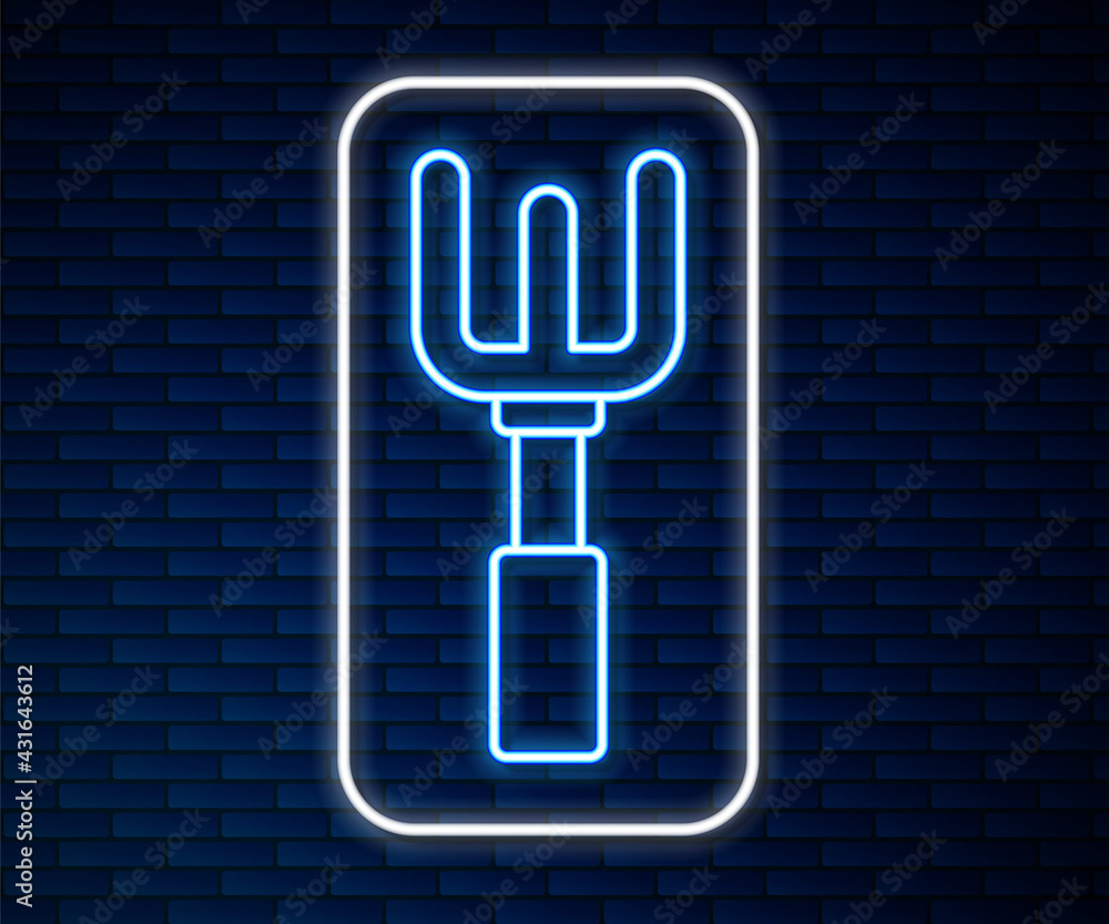 Glowing neon line Garden rake icon isolated on brick wall background. Tool for horticulture, agricul