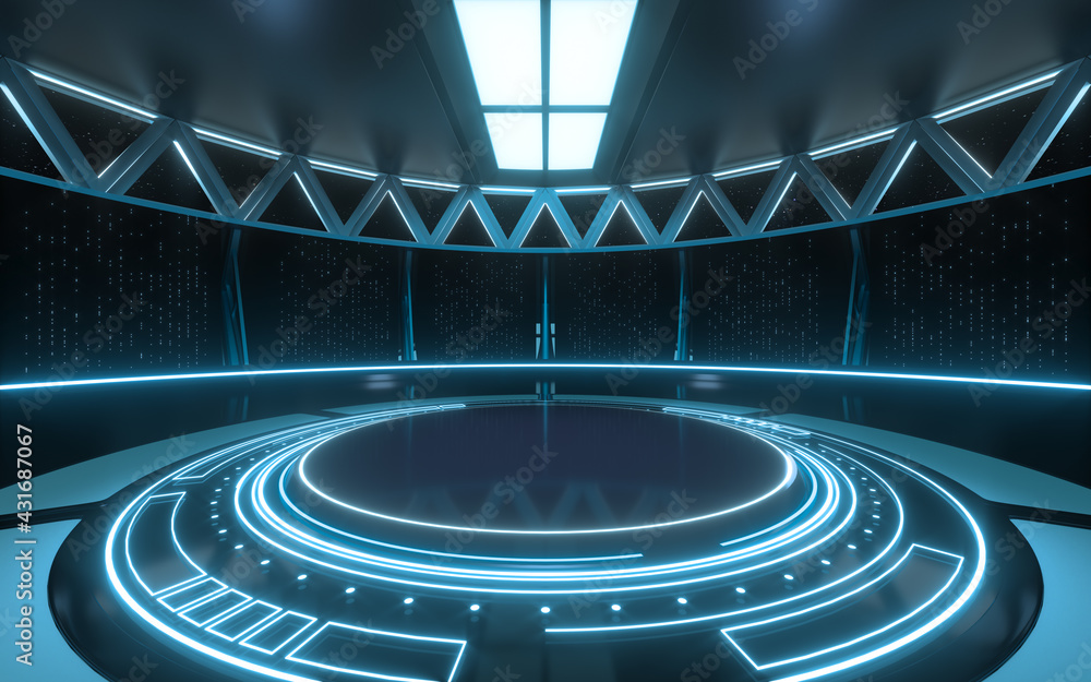 Empty round science fiction room, 3d rendering.