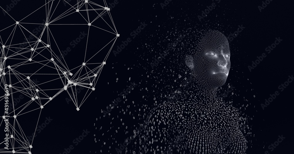 Composition of female bust formed with binary coding and network of connections on black background