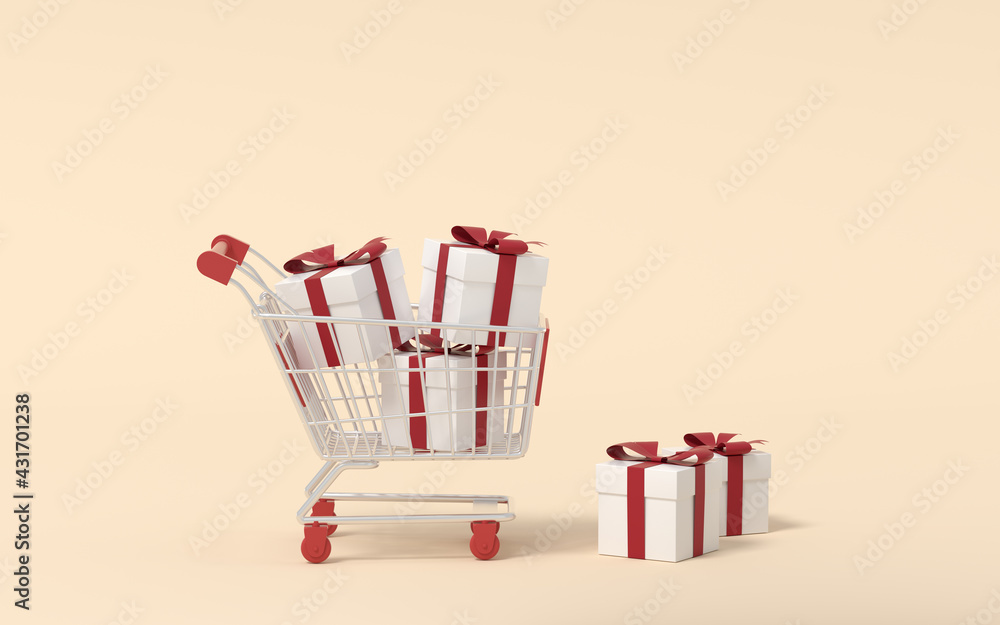 Shopping cart and present box, 3d rendering.