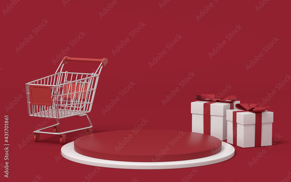 Empty merchandise stage with shopping cart and present box, 3d rendering.