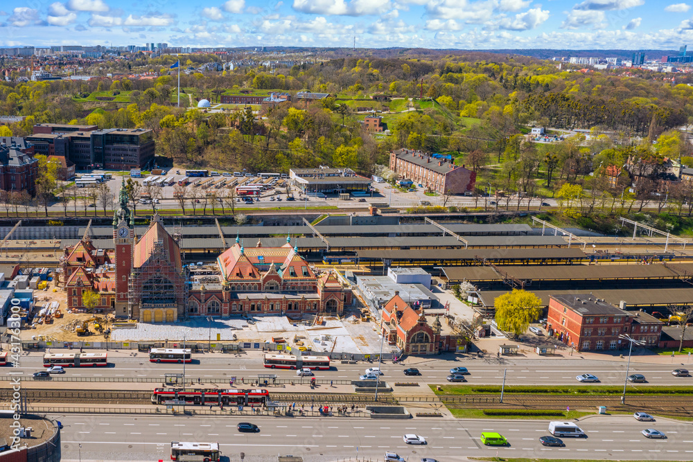 Aerial view of Gdansk city with the main train station. Poland