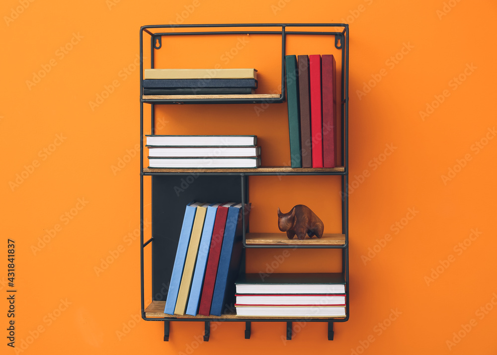 Shelf with books on color background