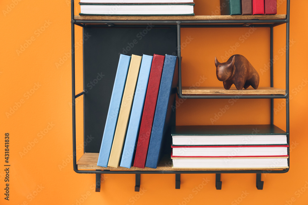 Shelf with books on color background