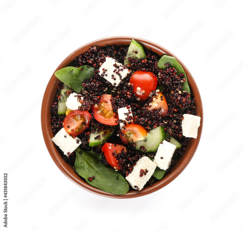 Bowl with tasty quinoa salad on white background