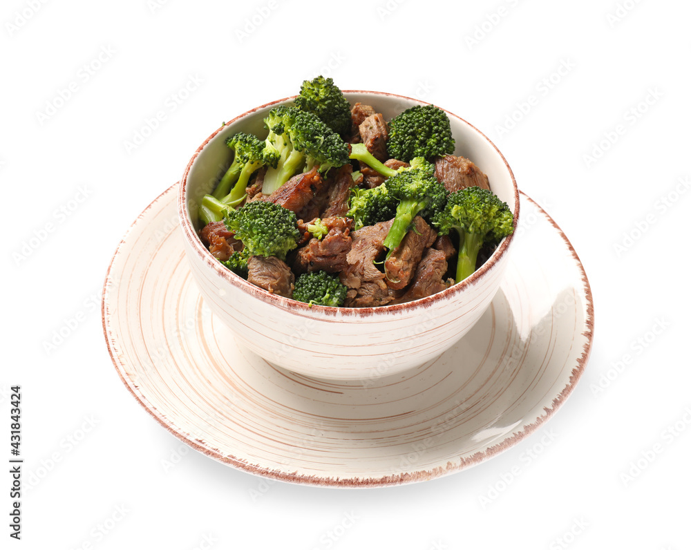 Plate with tasty beef and broccoli on white background