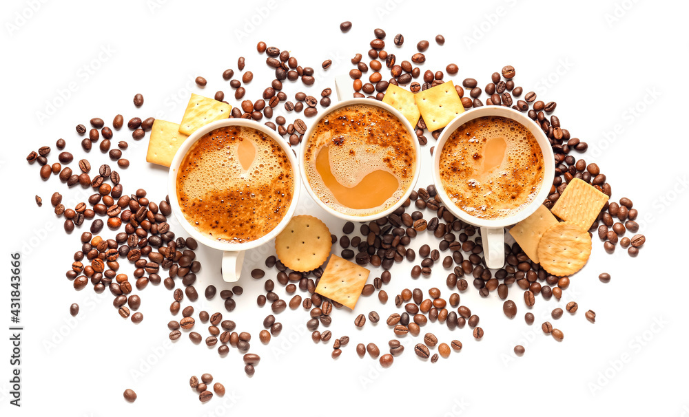 Cups of tasty coffee and crackers on white background