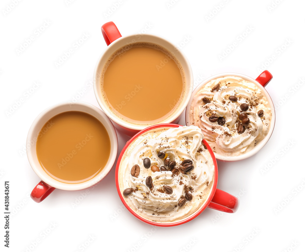 Cups of tasty coffee on white background