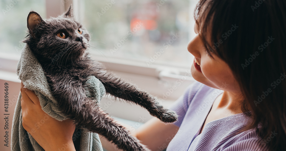 那个漂亮的女孩正在晒她的猫毛