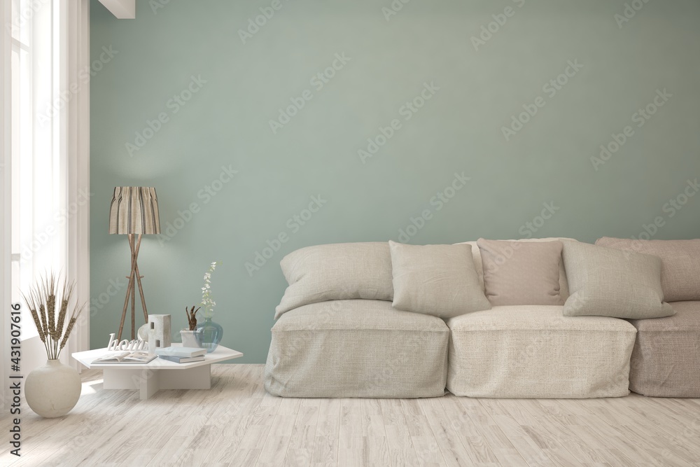 Soft color living room with sofa. Scandinavian interior design. 3D illustration