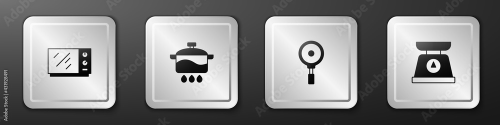 Set Microwave oven, Cooking pot, Frying pan and Scales icon. Silver square button. Vector