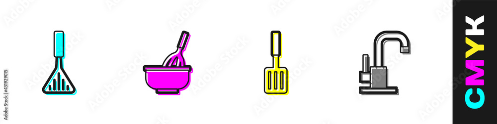 Set Barbecue spatula, Kitchen whisk with bowl, and Water tap icon. Vector