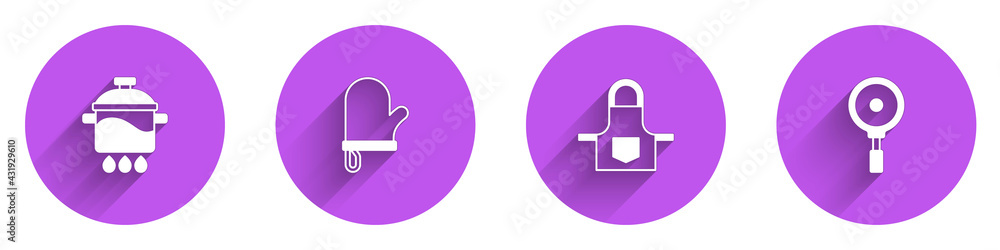 设置长阴影的烹饪锅、烤箱手套、厨房围裙和煎锅图标。矢量
