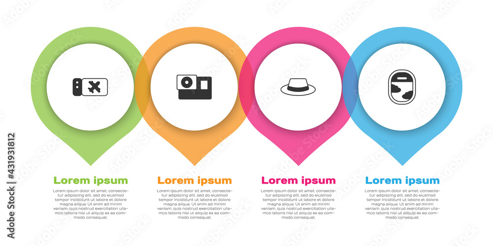设置机票、动作相机、带缎带的人帽和飞机窗口。商业信息图项目
