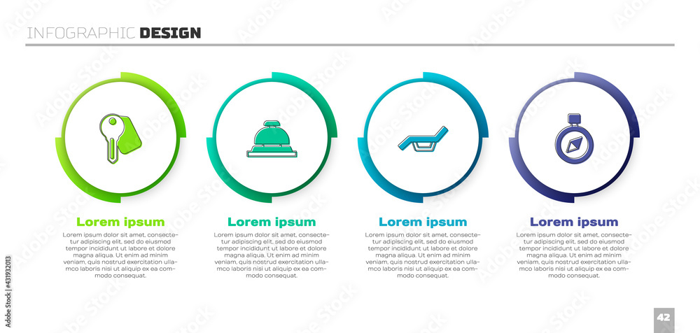 设置酒店门锁钥匙、服务铃、遮阳伞和指南针。商业信息图模板