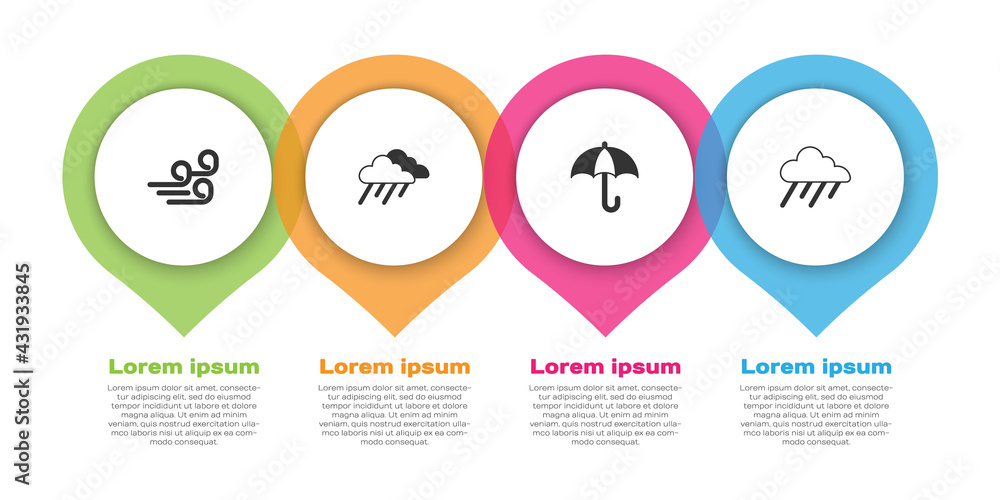 设置有风的天气，有雨的云，雨伞和。商业信息图模板。矢量