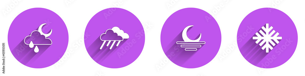 Set Cloud with rain and moon, , Sunset and Snowflake icon with long shadow. Vector