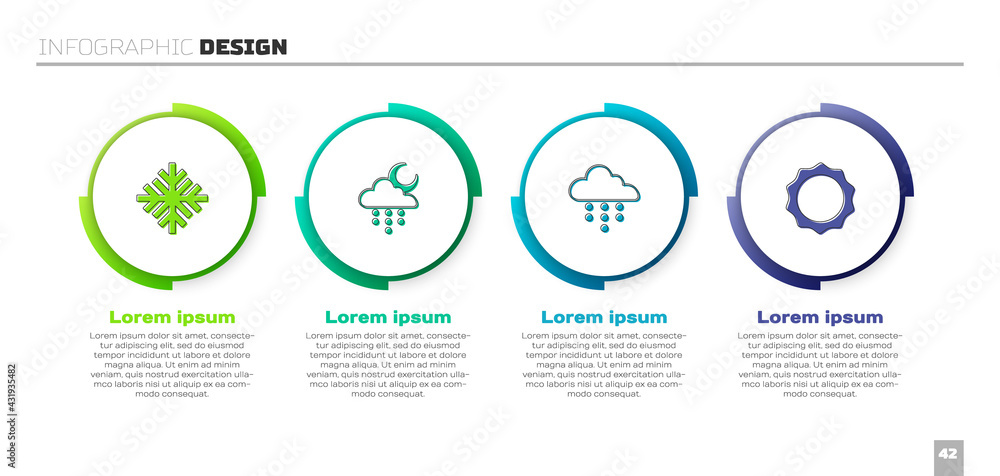 设置雪花、有雨有月的云和太阳。商业信息图模板。矢量